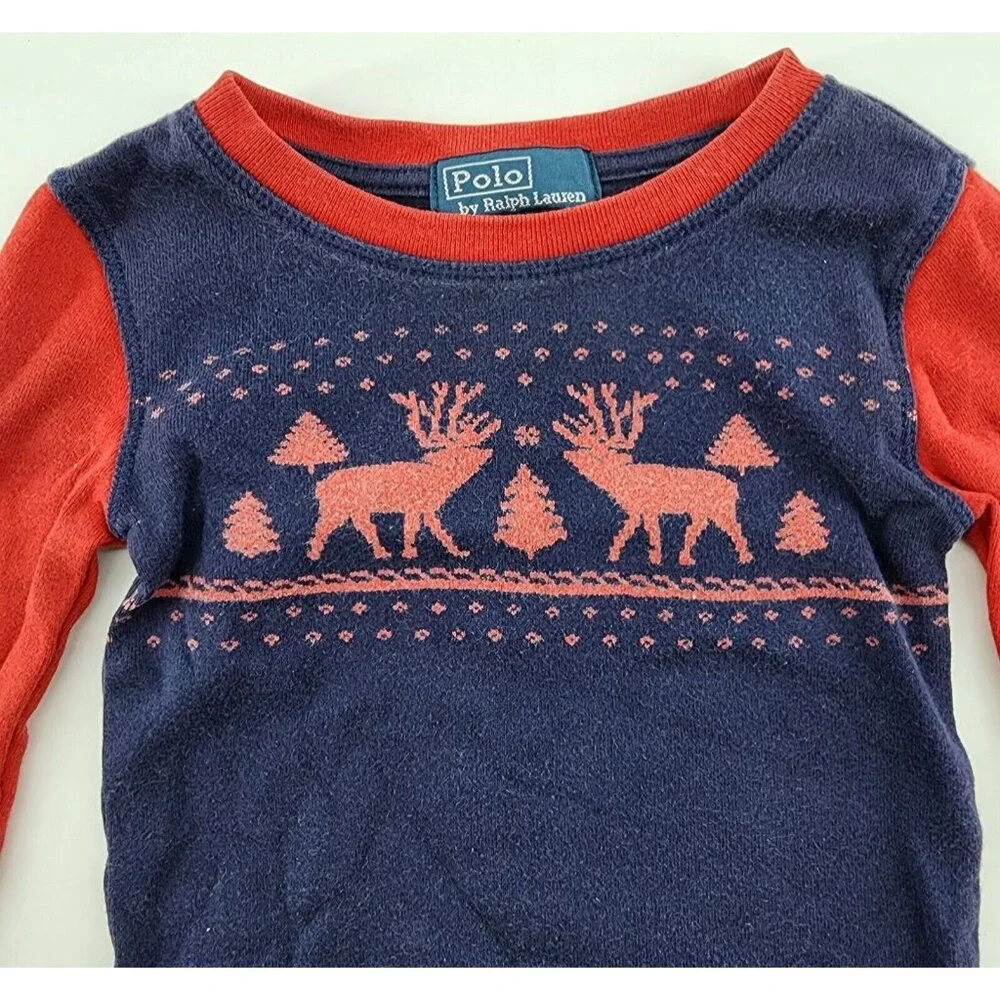 Polo Ralph Lauren Red Blue Christmas Reindeer Long Sleeve T Shirt Baby Size‎ 18M